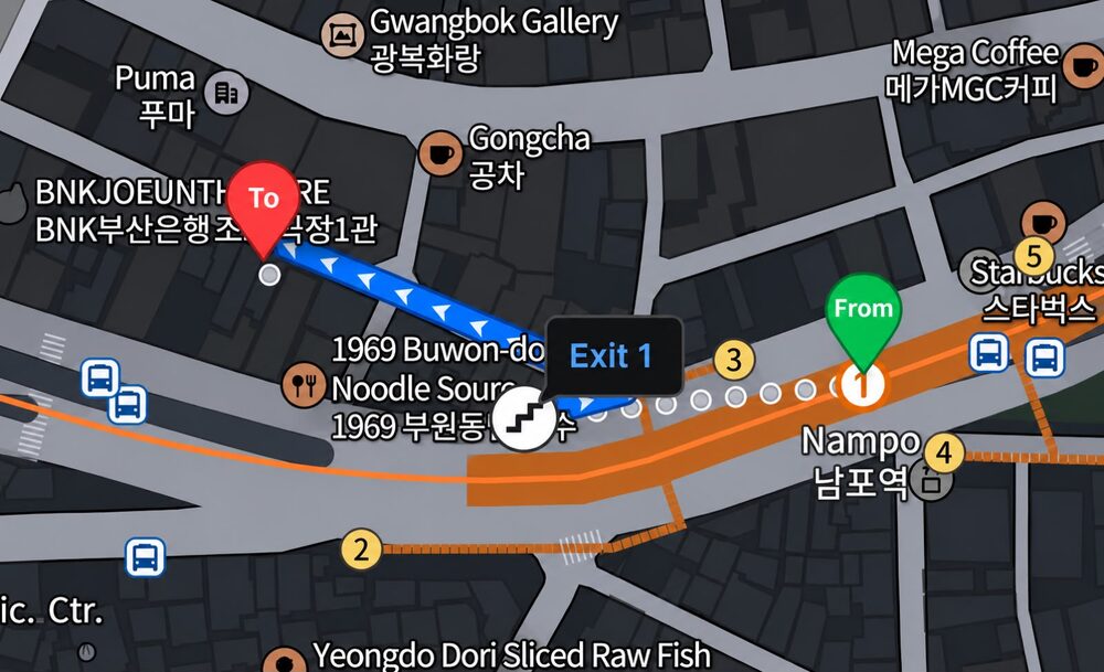 Walking directions from Nampo Station to Rumah Rasa Busan
